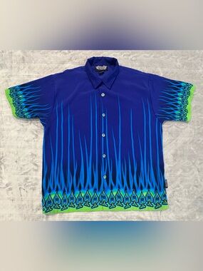 Silver Point Men’s XL Blue Green Graphic Skull Spade Short Sleeve Button Up